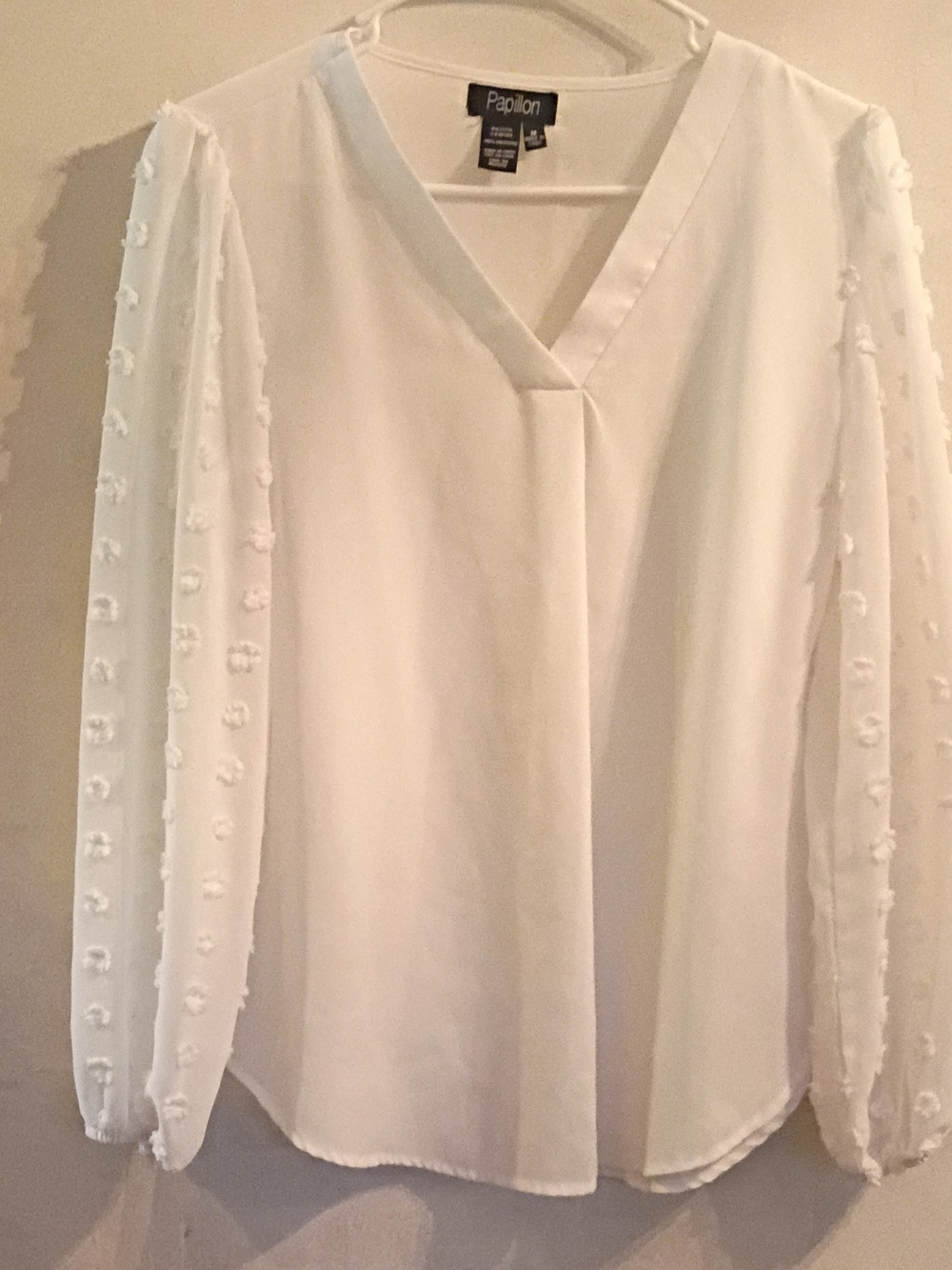 Papillon Blanc White V-Neck Sheer Textured Sleeve Blouse